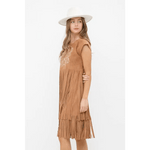 Embroidered Front Suede Fringe Tiered Dress
