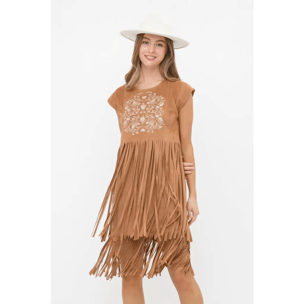 Embroidered Front Suede Fringe Tiered Dress - Small / Camel