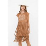 Embroidered Front Suede Fringe Tiered Dress - Small / Camel