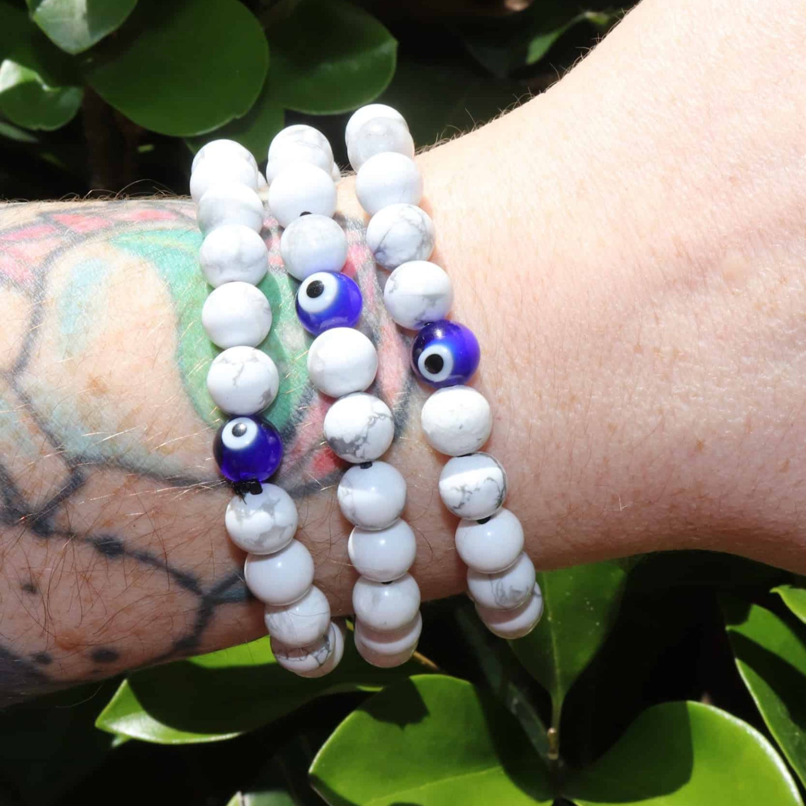Stacked Howlite beaded bracelet with evil eye beads