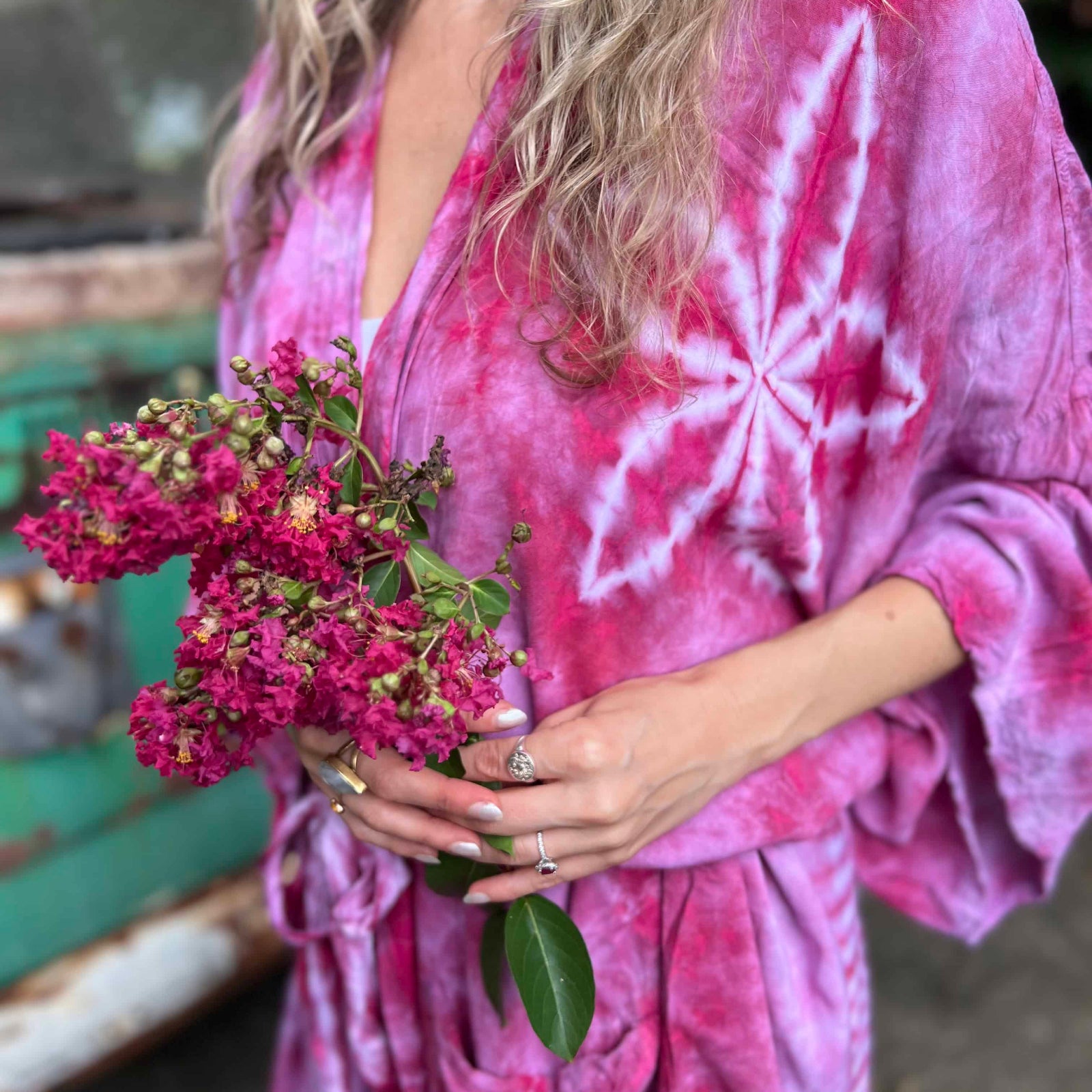 Model wearing bohemian hand-dyed kimono outdoors in natural light