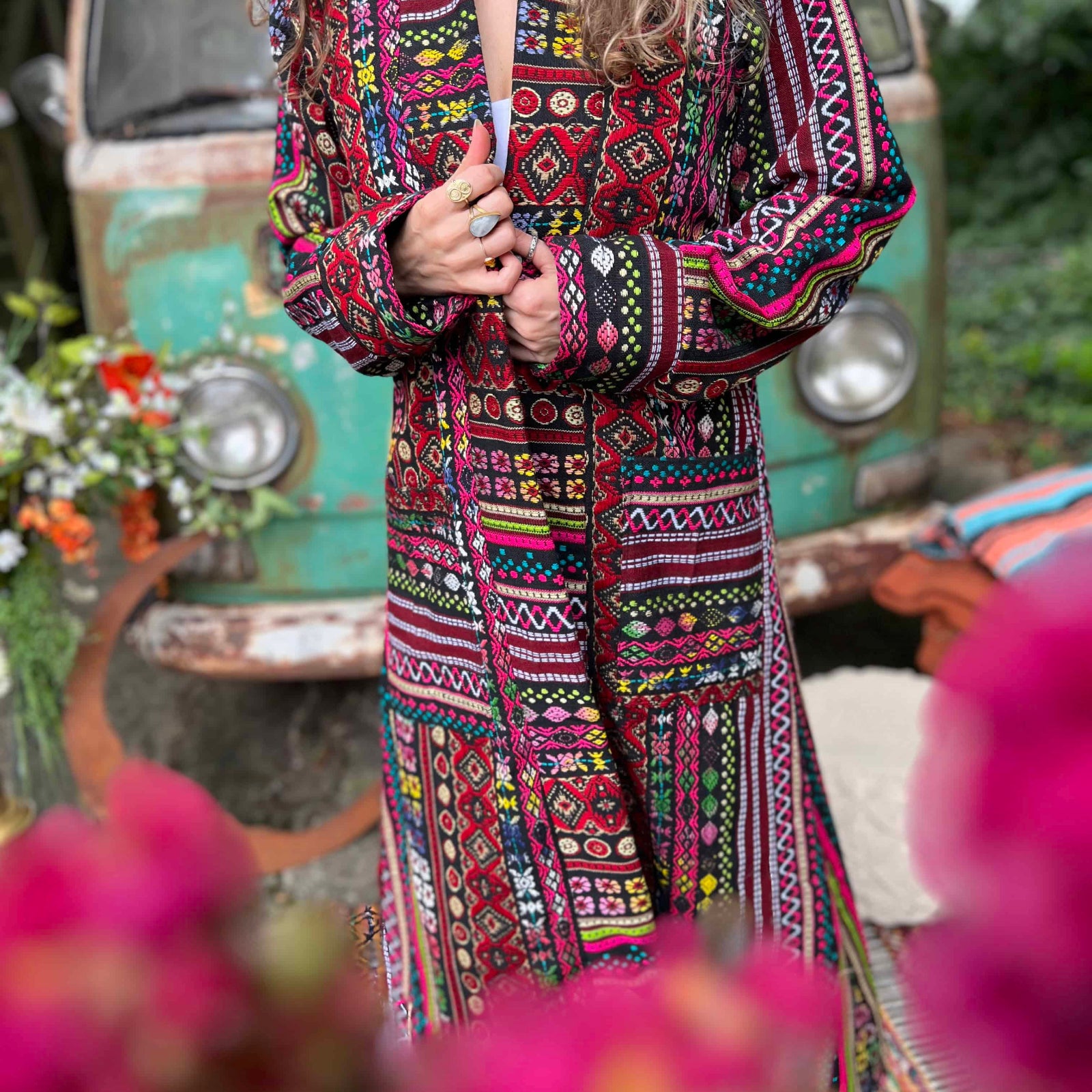 Woven natural cotton hippie unisex trench coat fashion photo