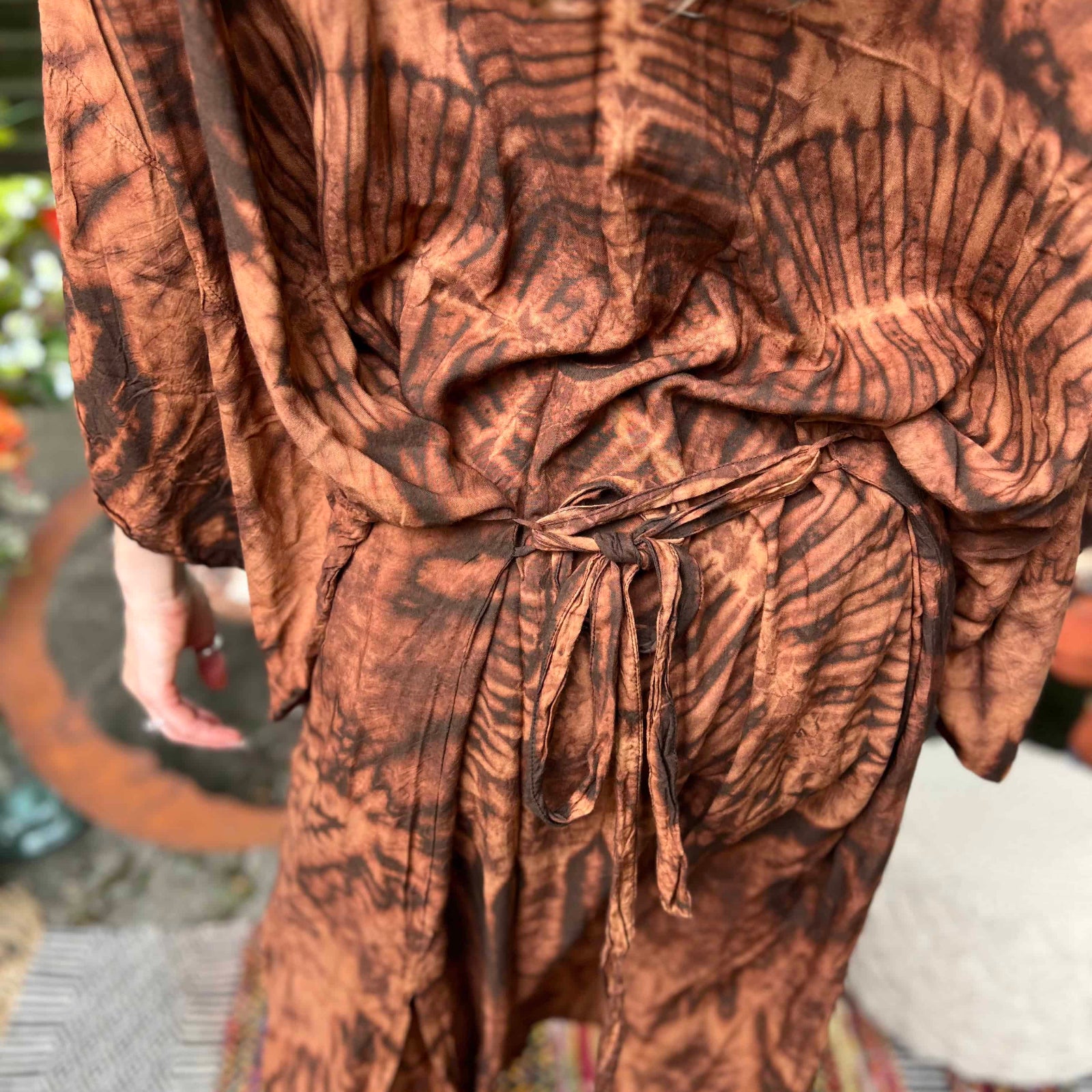 Earthy hand-dyed kimono in brown with lotus back full length