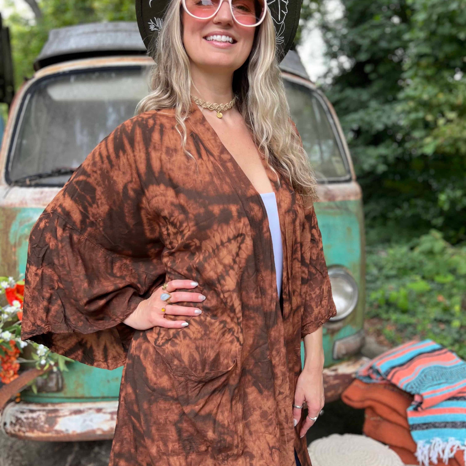 Front view of brown bohemian hand-dyed kimono with lotus design