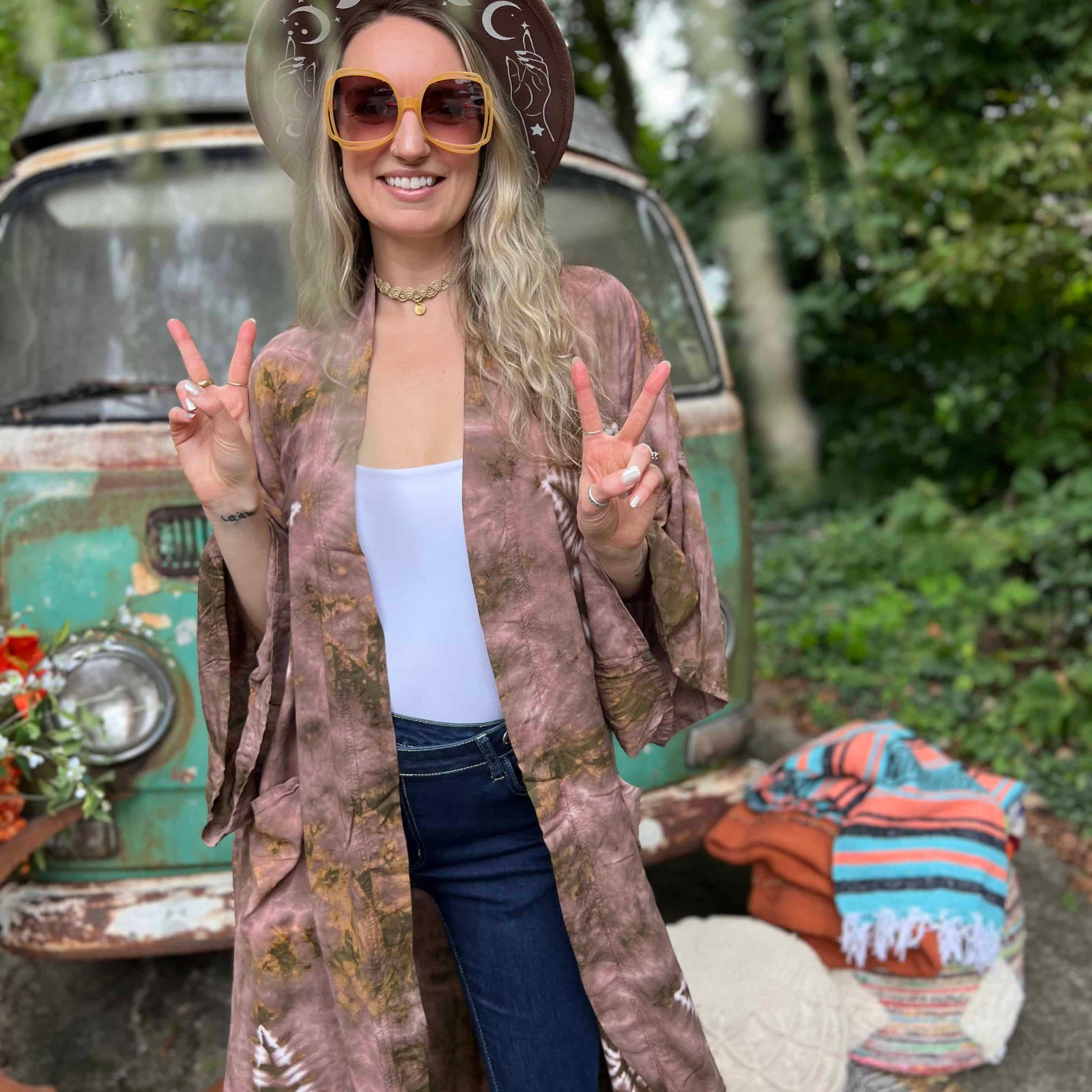 Model wearing mauve festival boho kimono front pose