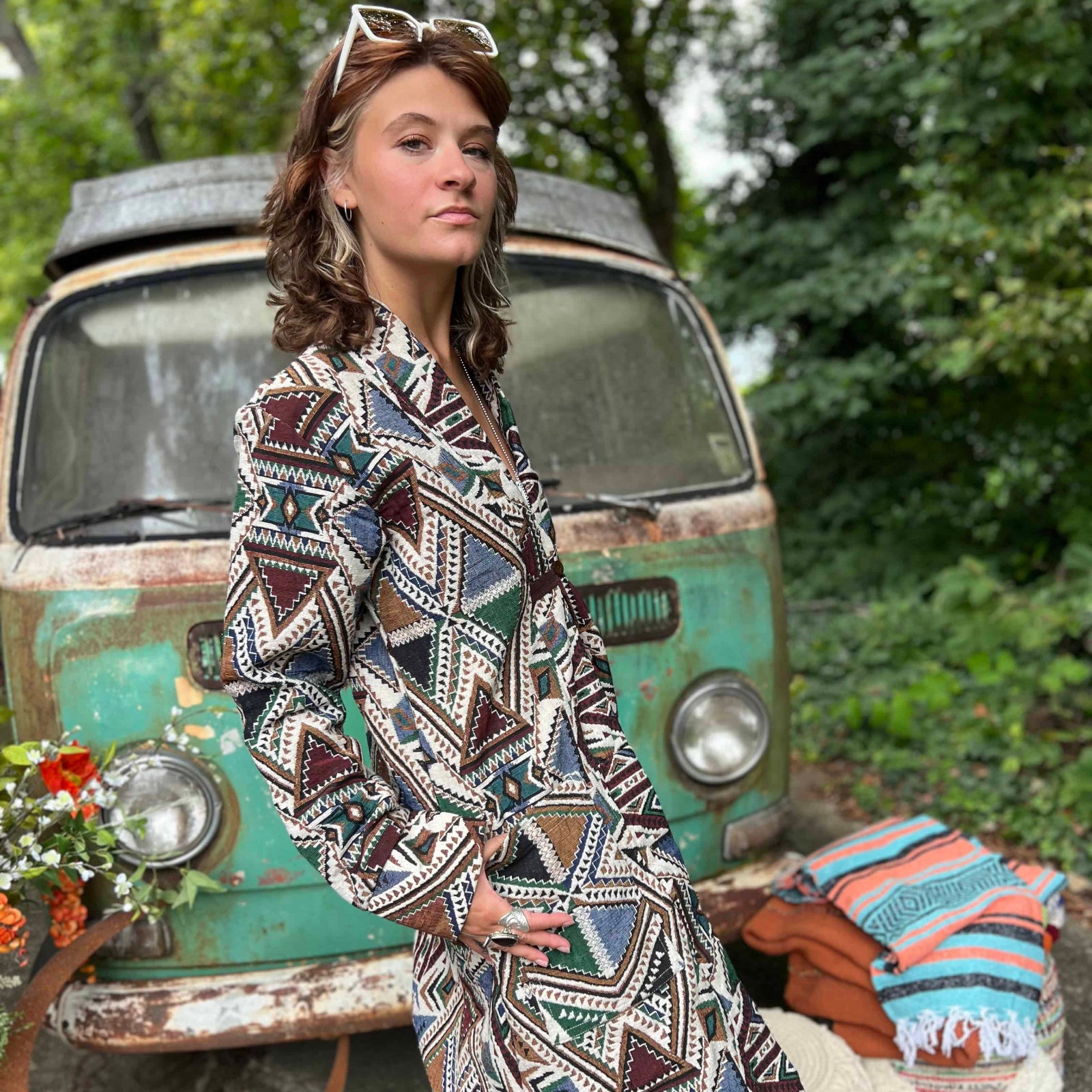 Oversized unisex cotton boho trench styled in fashion shoot