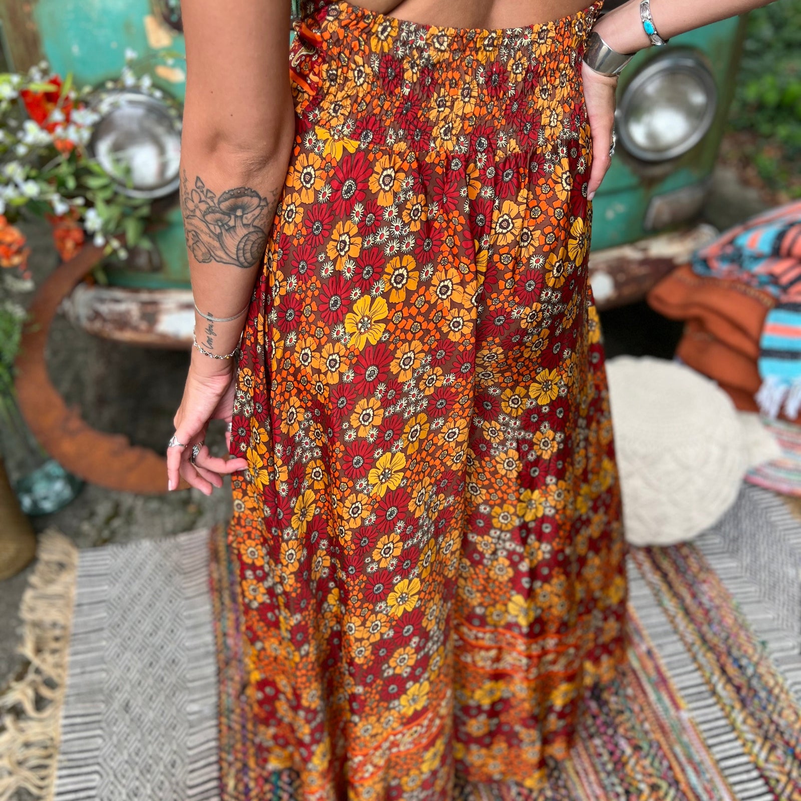 Backless rainbow boho jumpsuit with wraparound ties