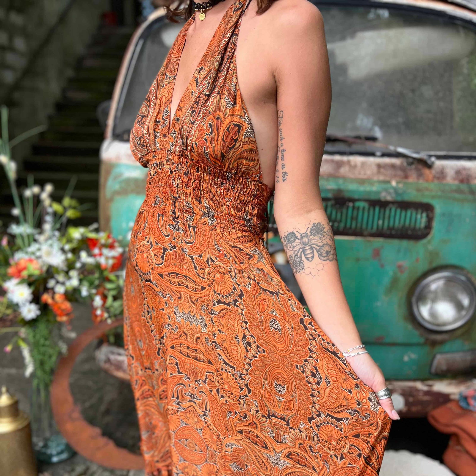 Hippie boho chic maxi silk dress with relaxed fit