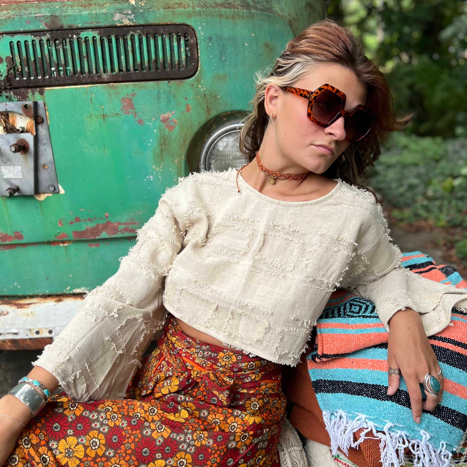 Woven cotton grunge bohemian crop top with bell sleeves