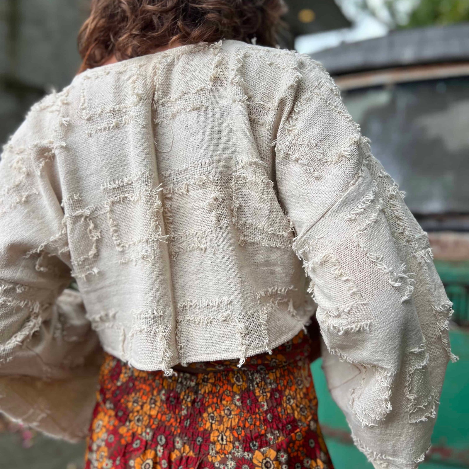 Detailed frayed cotton texture on boho grunge crop top