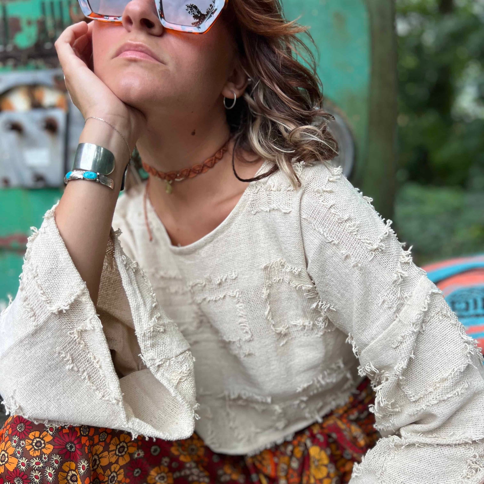 Artisan handmade boho bell sleeve cotton crop top