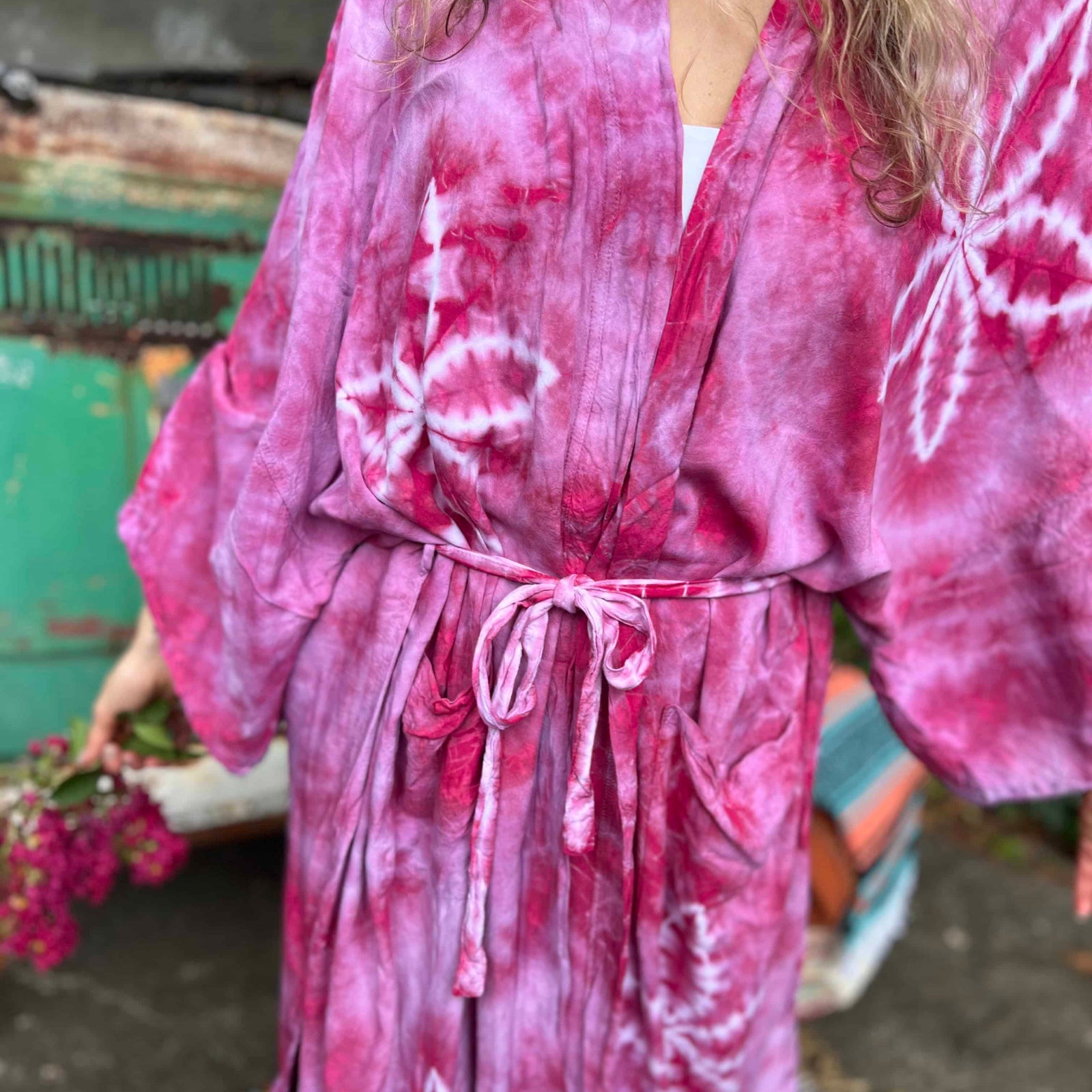 Bohemian kimono styled over outfit as earthy boho topper