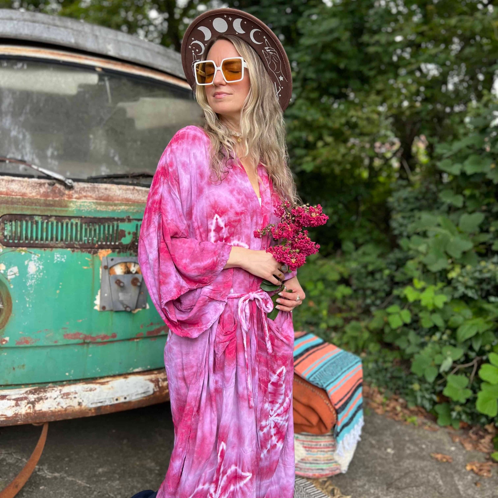 Front view of hand-dyed bohemian kimonos in four colors
