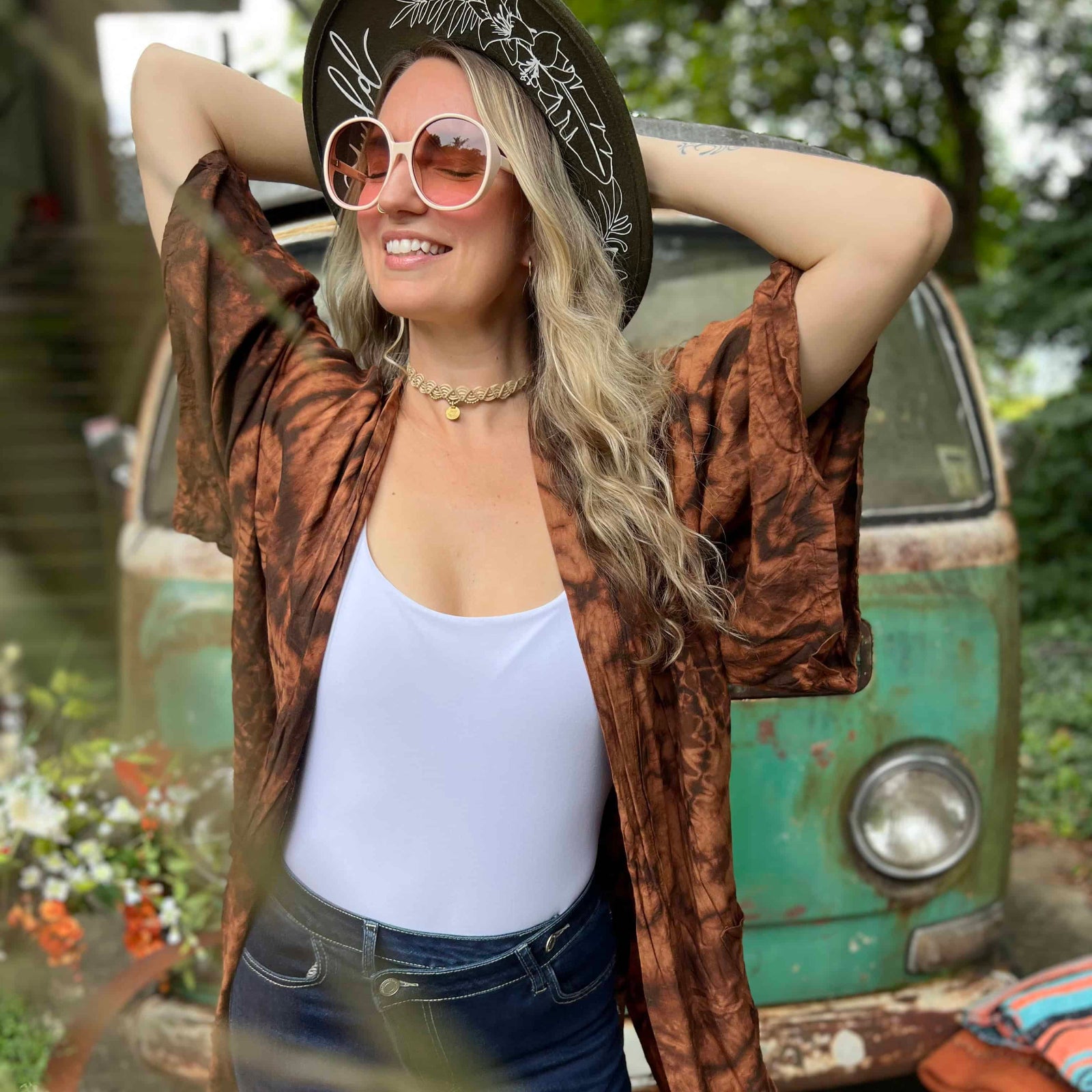 Close-up of rayon hand-dyed boho kimono in brown color