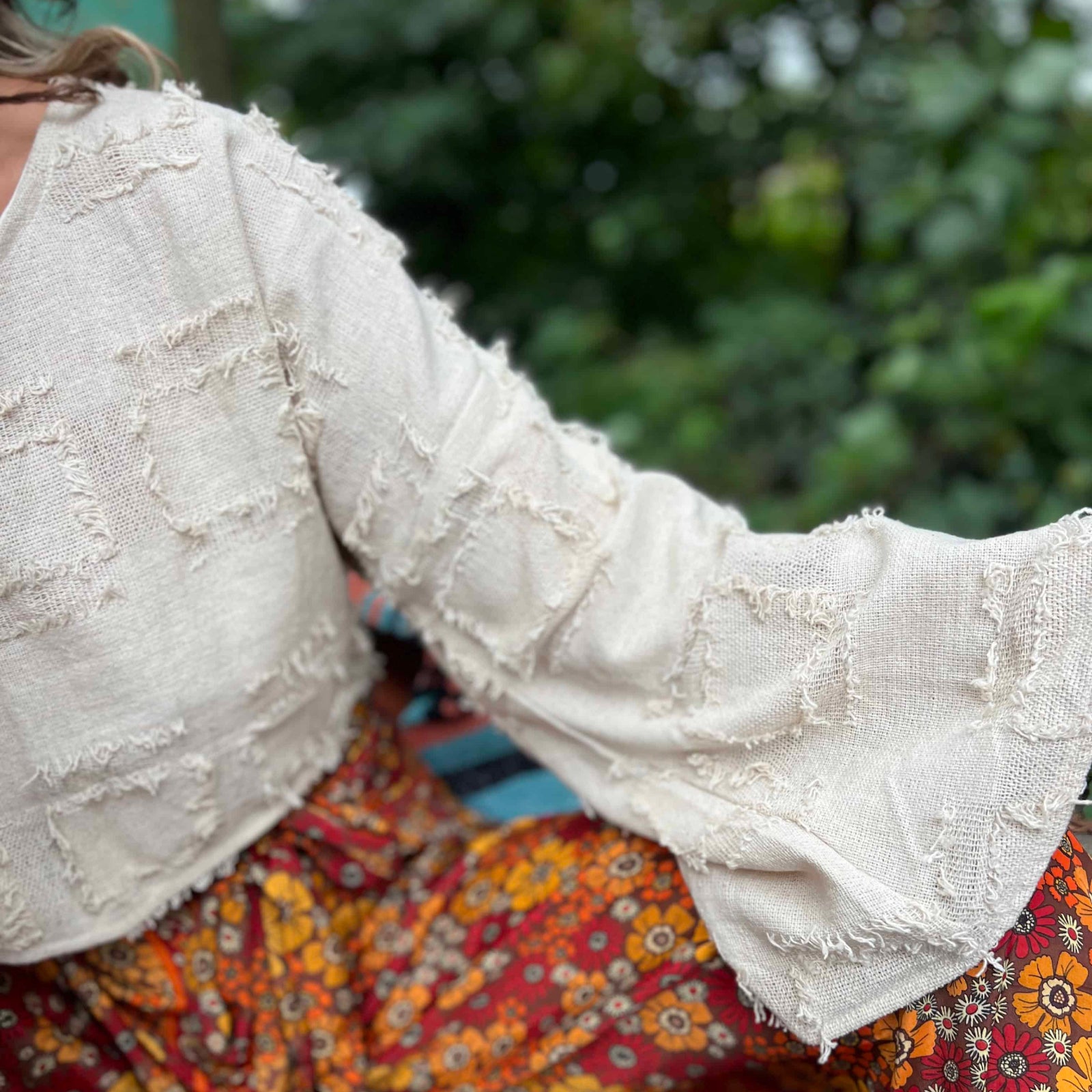 Natural undyed cotton crop top with boho bell sleeves