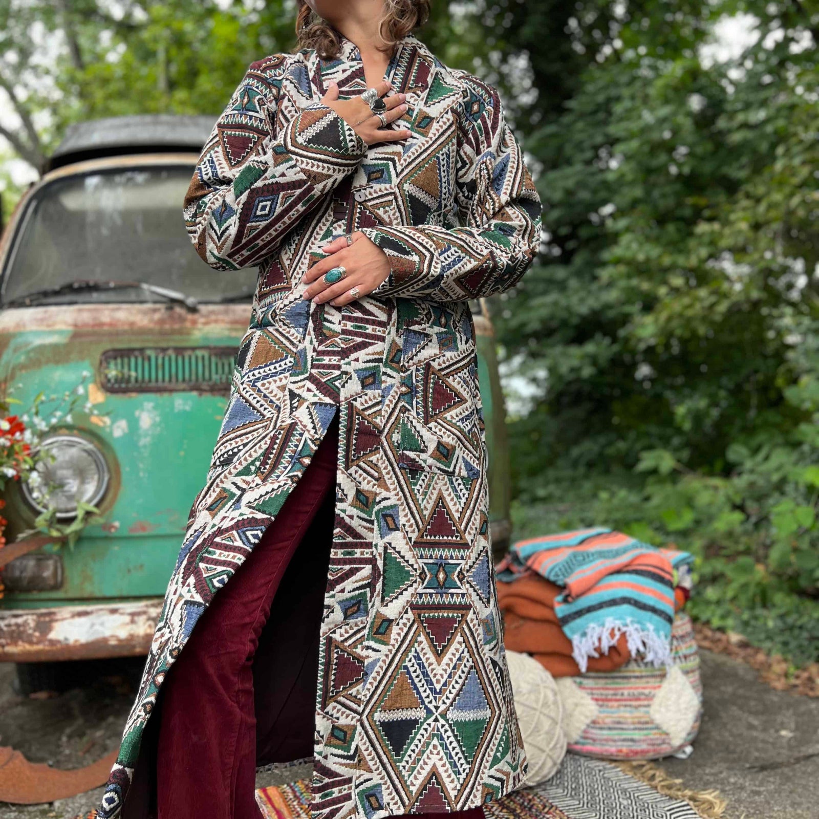 Festival longline boho unisex trench coat modeled in backyard