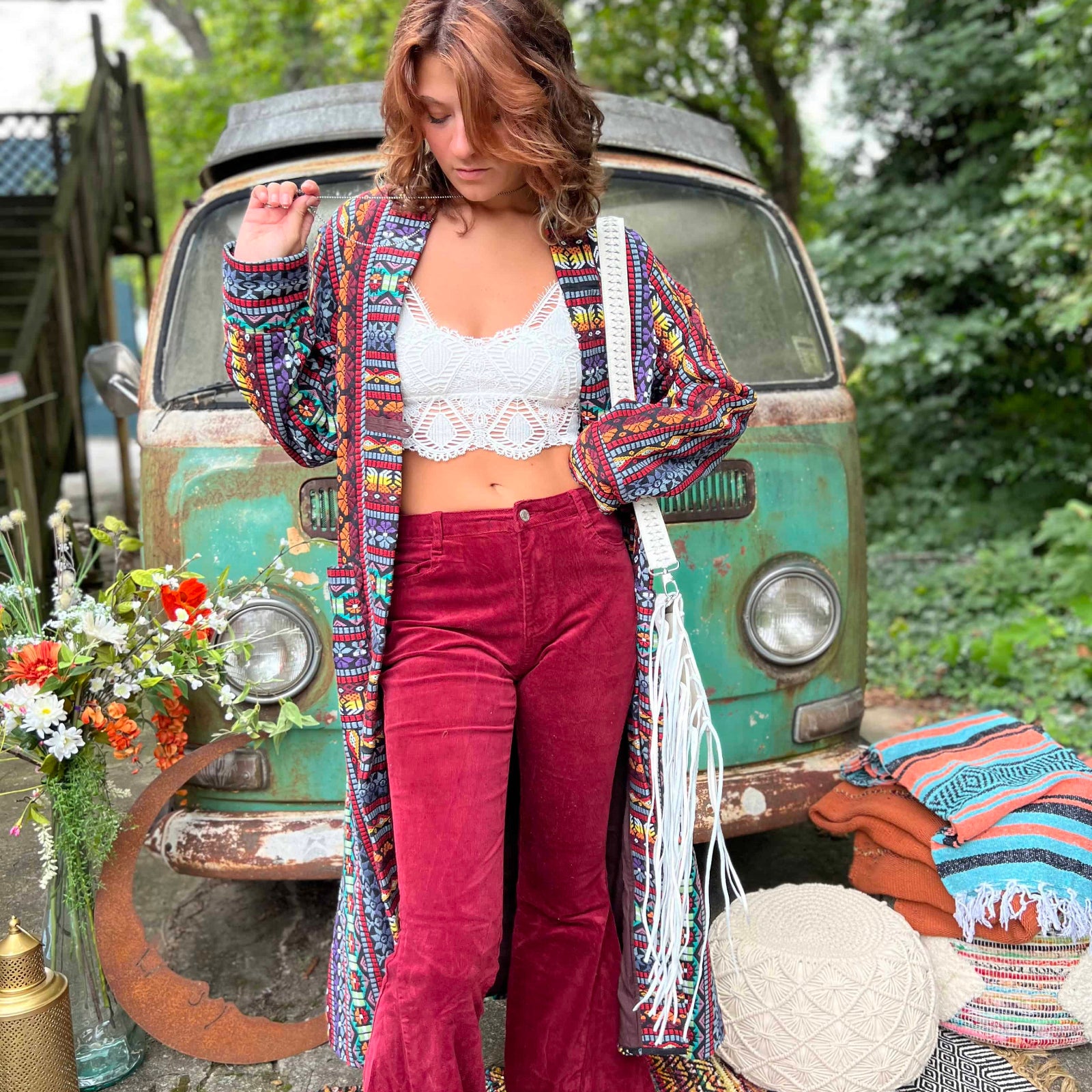 Festival hippie boho trench coat in earthy natural style