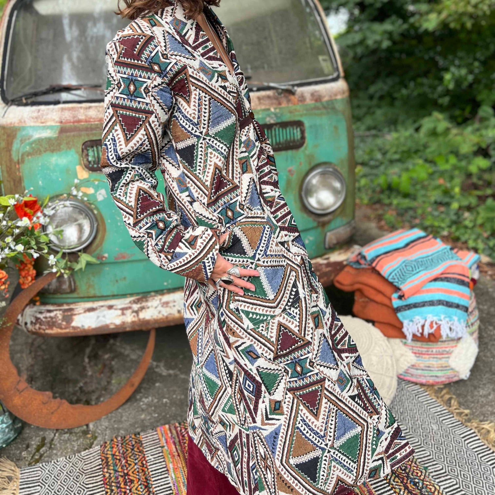 Natural cotton texture detail on boho unisex trench coat
