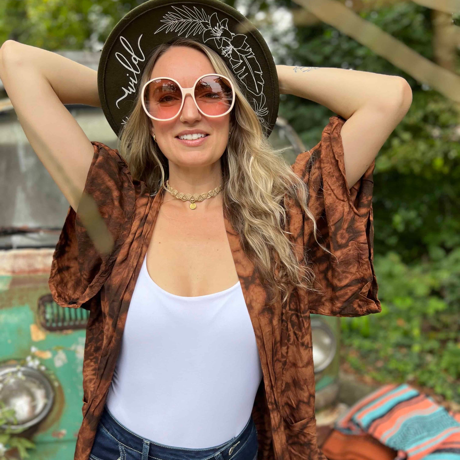 Brown hippie bohemian kimono styled as layering duster robe