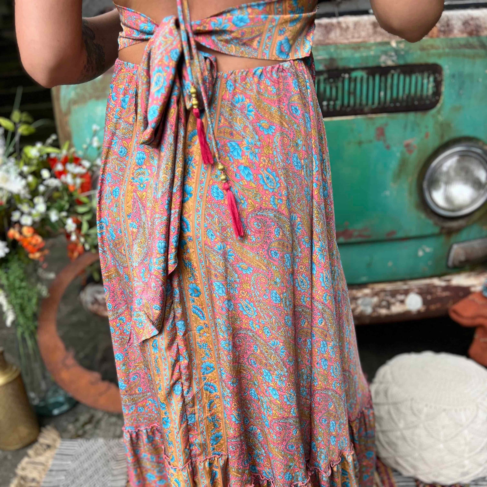 Long bow tie design featured on hippie boho silk dress