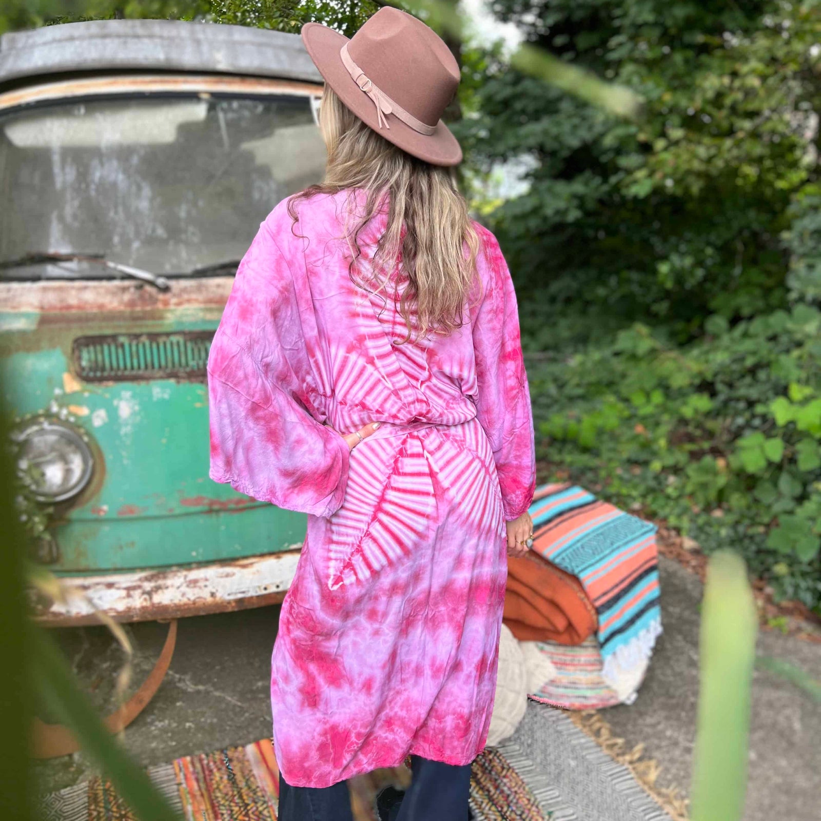 Model wearing earthy bohemian hand-dyed duster robe