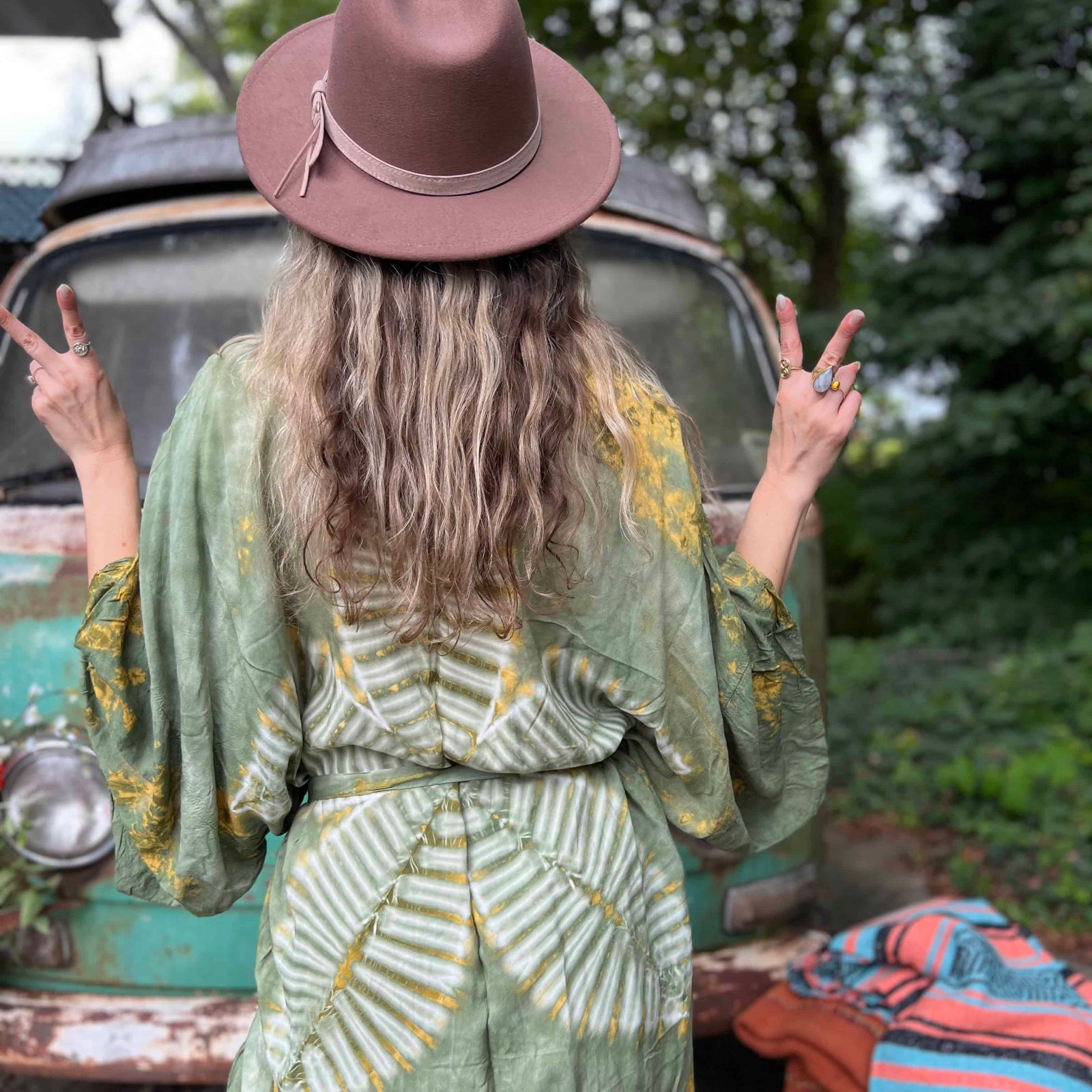 Green boho kimono styled as layering festival duster robe
