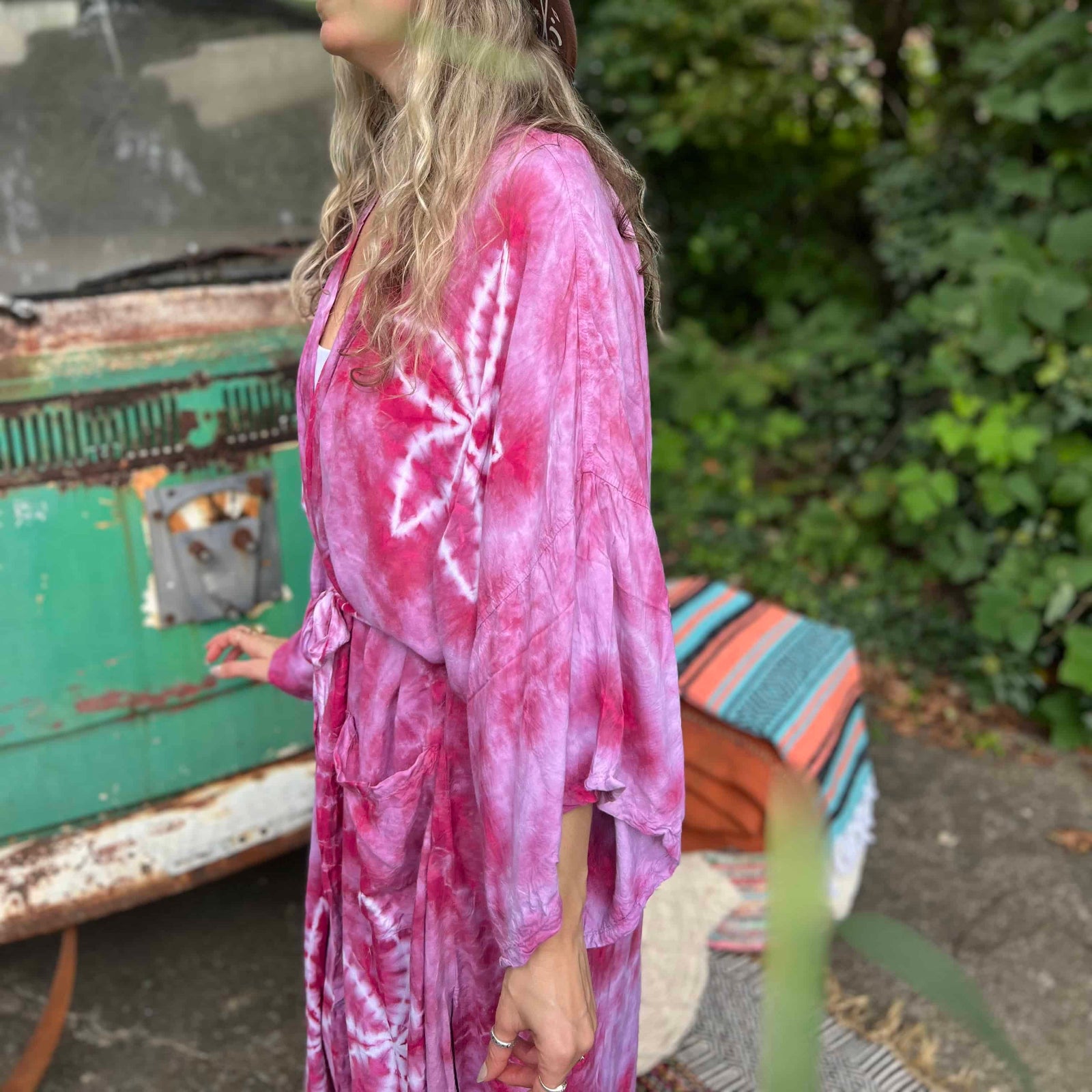 Pocket detail of pink hand-dyed hippie boho kimono