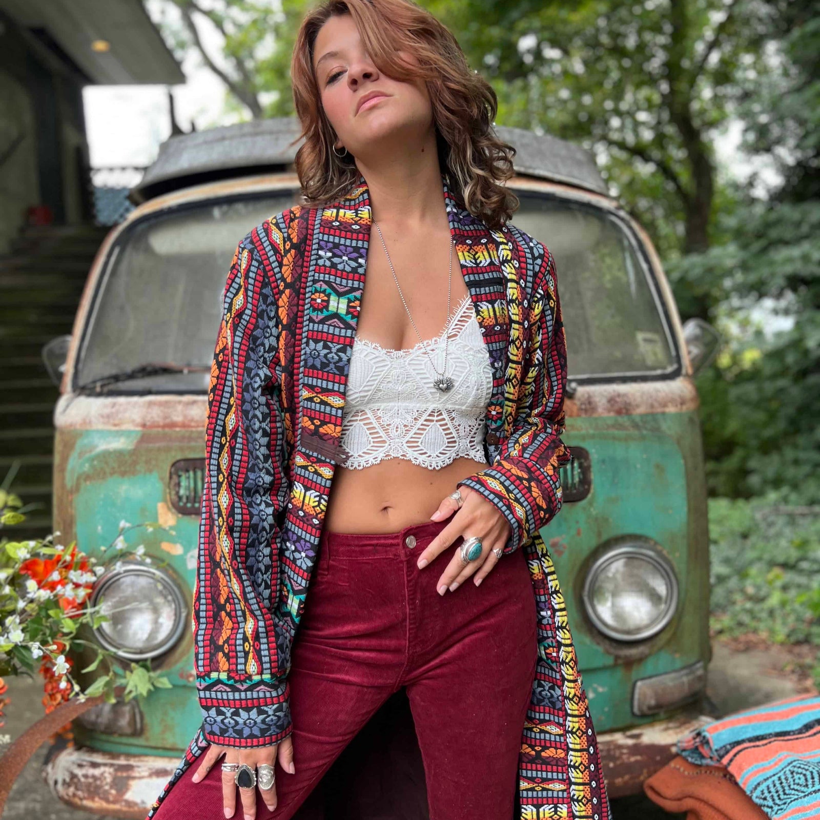Long silhouette of bohemian hippie trench coat unisex design