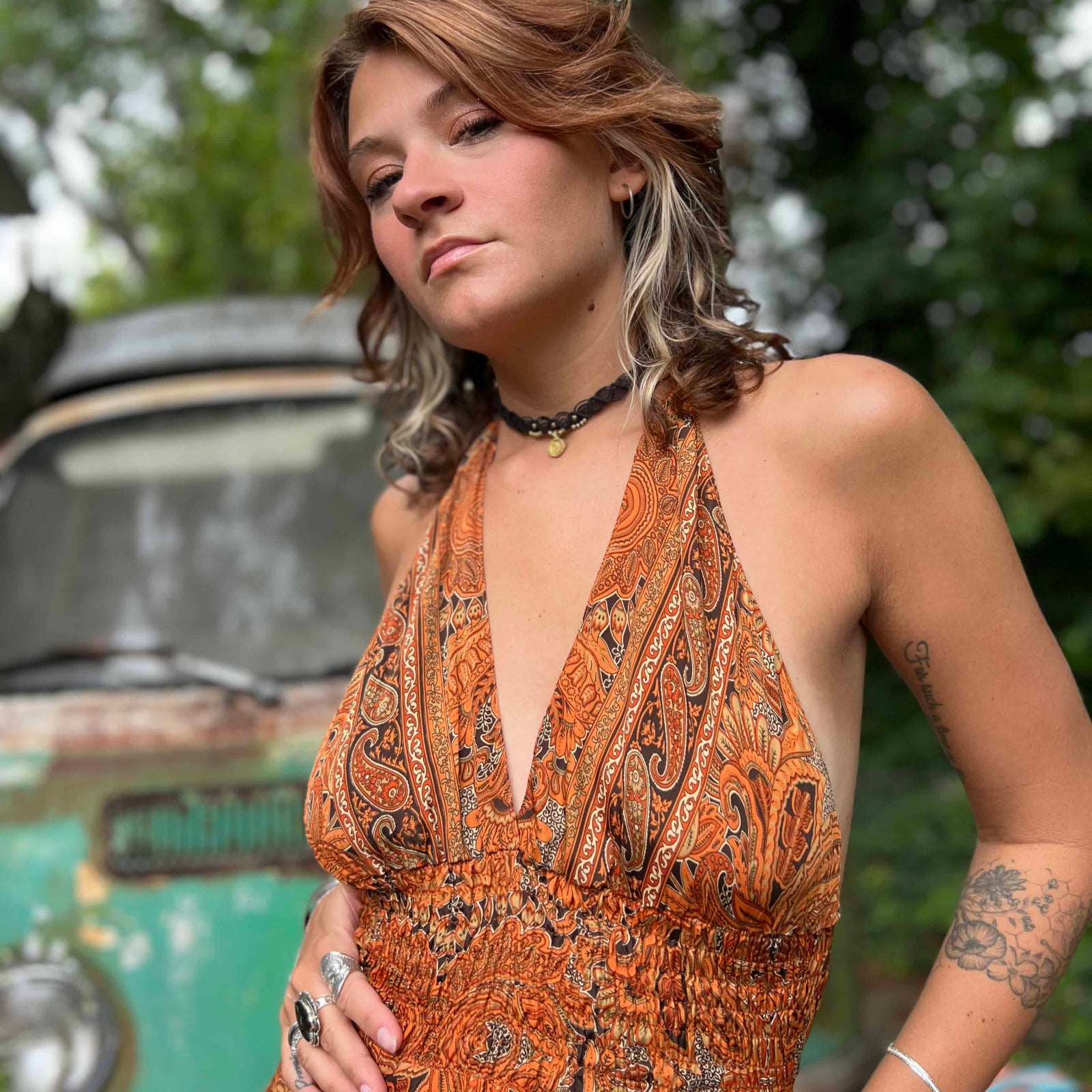 Front view of hippie boho maxi silk dress with tassel ties