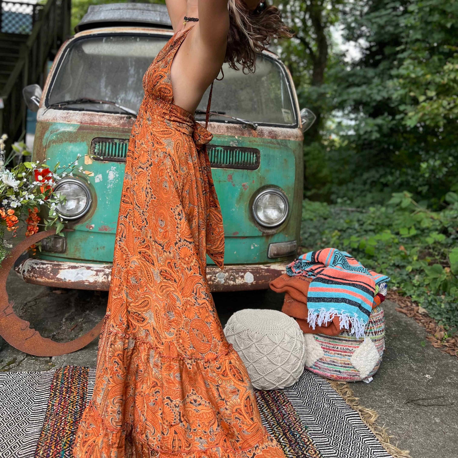 Back view of silk boho maxi dress with bow detail
