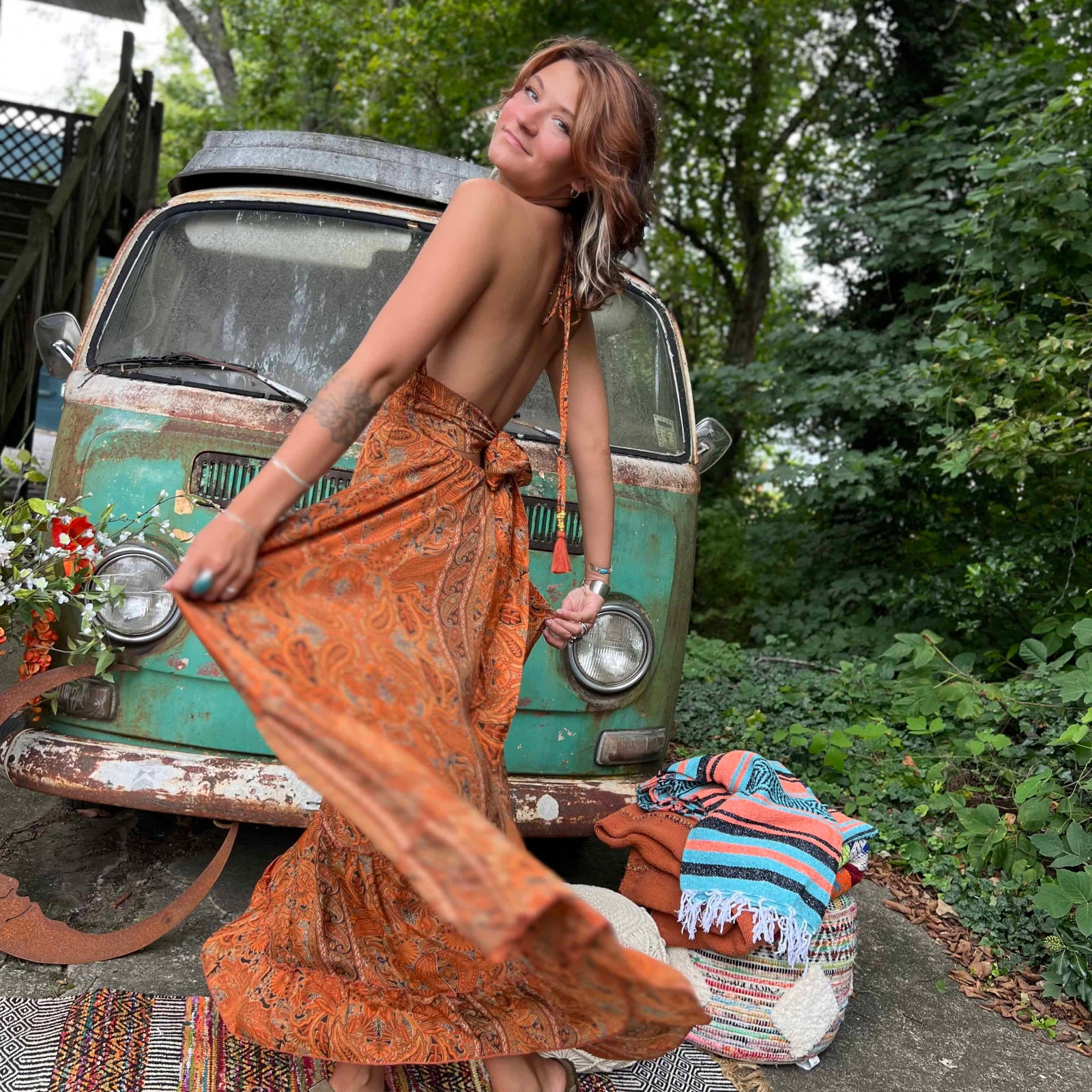 Back bow tie detail on hippie boho silk maxi dress