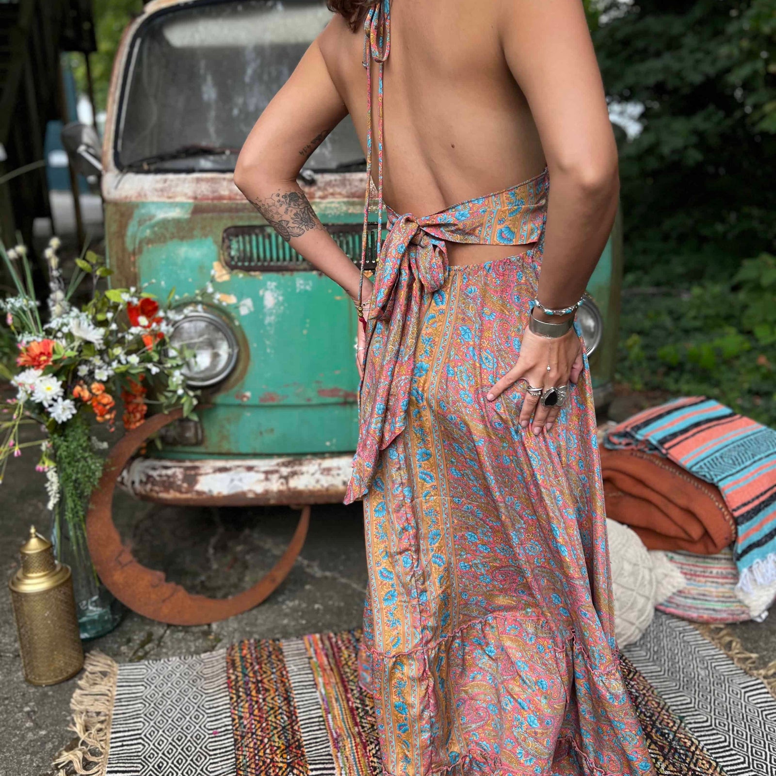 Side view of bow tie back on bohemian silk maxi dress
