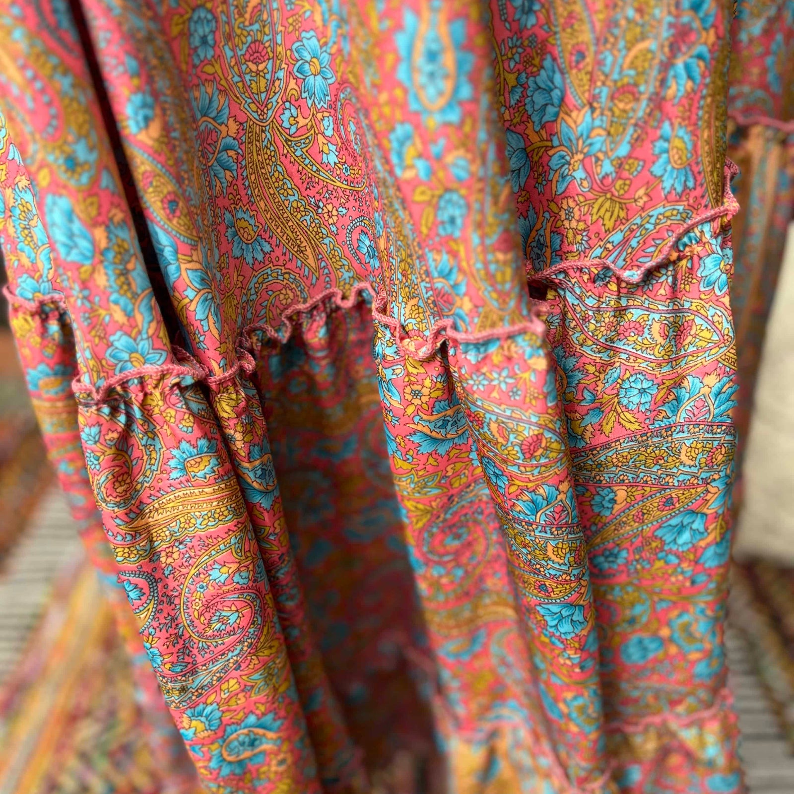 Festival-ready hippie silk maxi dress with adjustable elastic waist