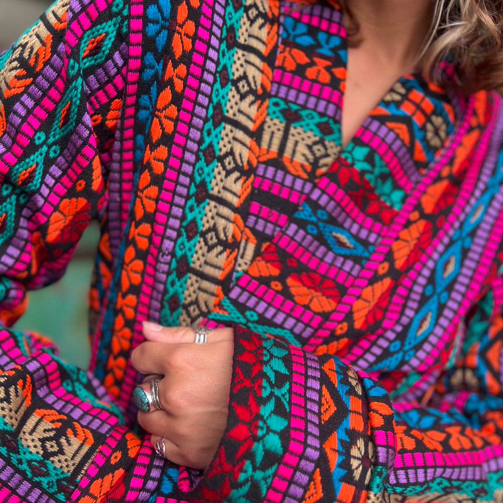 Cuffed sleeve detail on handmade cotton boho jacket
