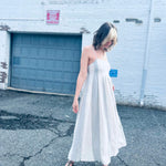 trendy festival outfit featuring a striped pintuck midi dress