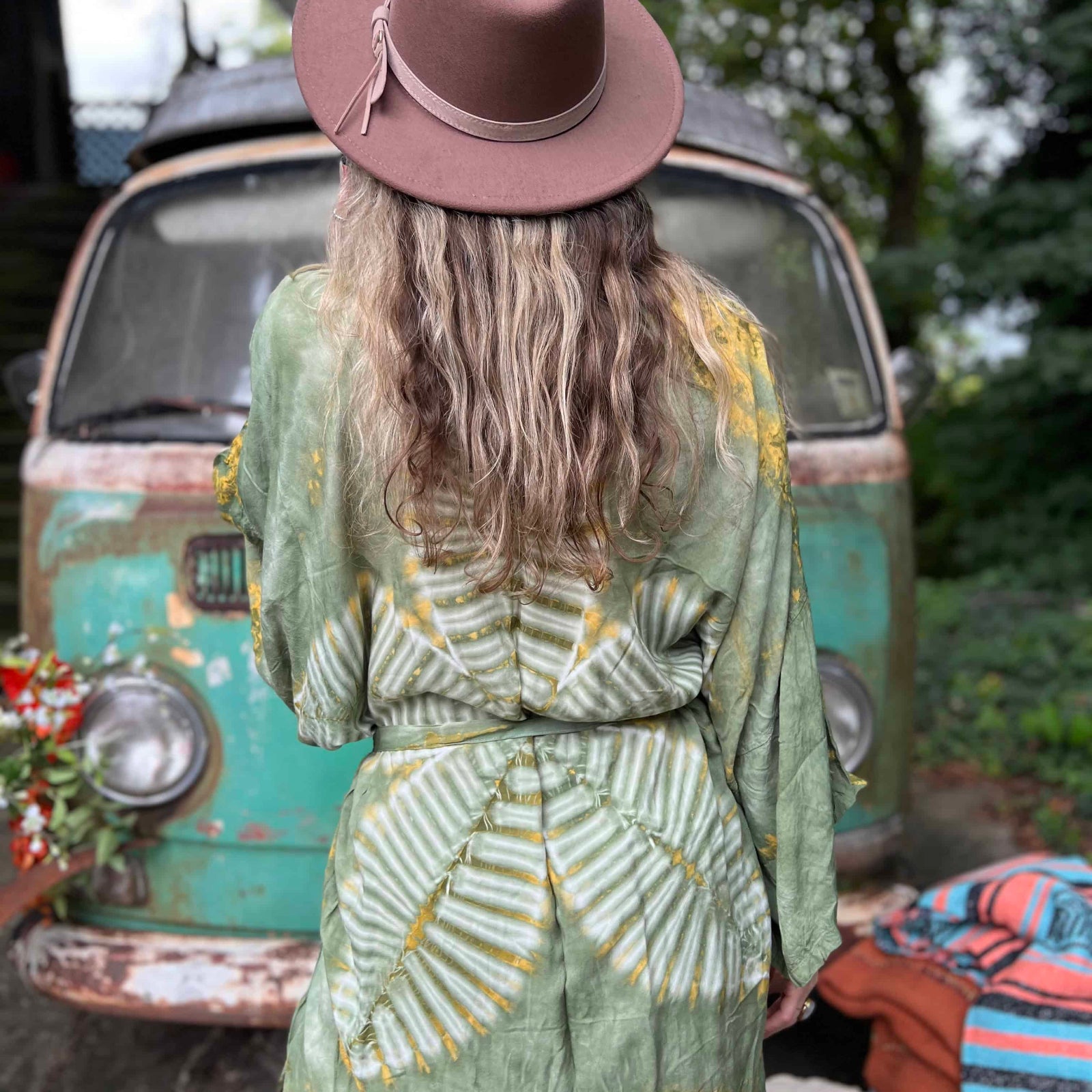 Back lotus flower tie dye shot on green hippie boho kimono