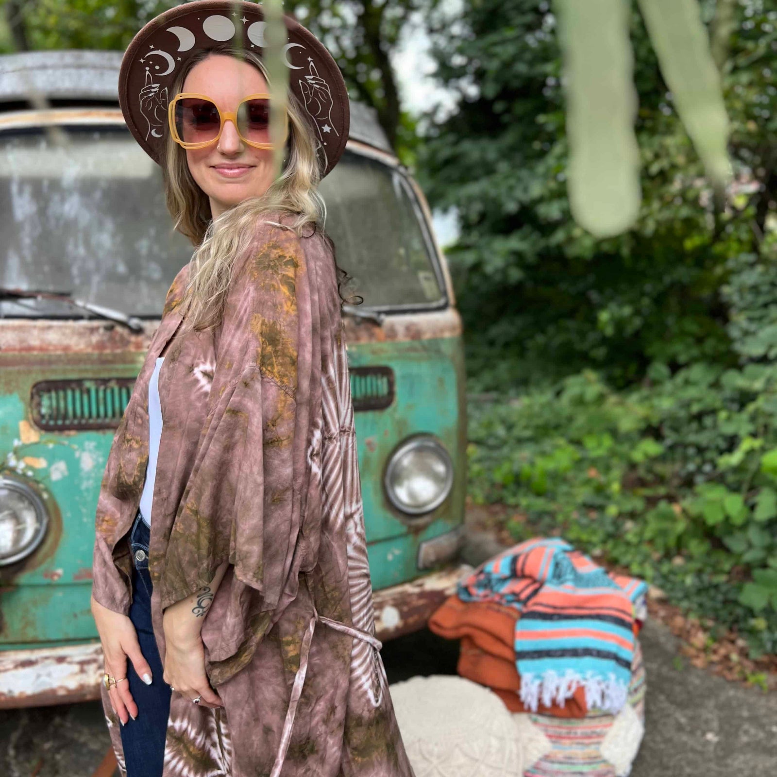 Full-length view of mauve festival hand-dyed bohemian kimono