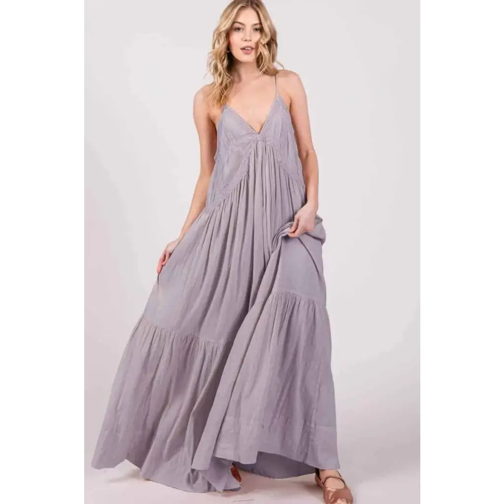 Maxi Dress Lace Trim Cami V-Neck - Small / Lilac Haze
