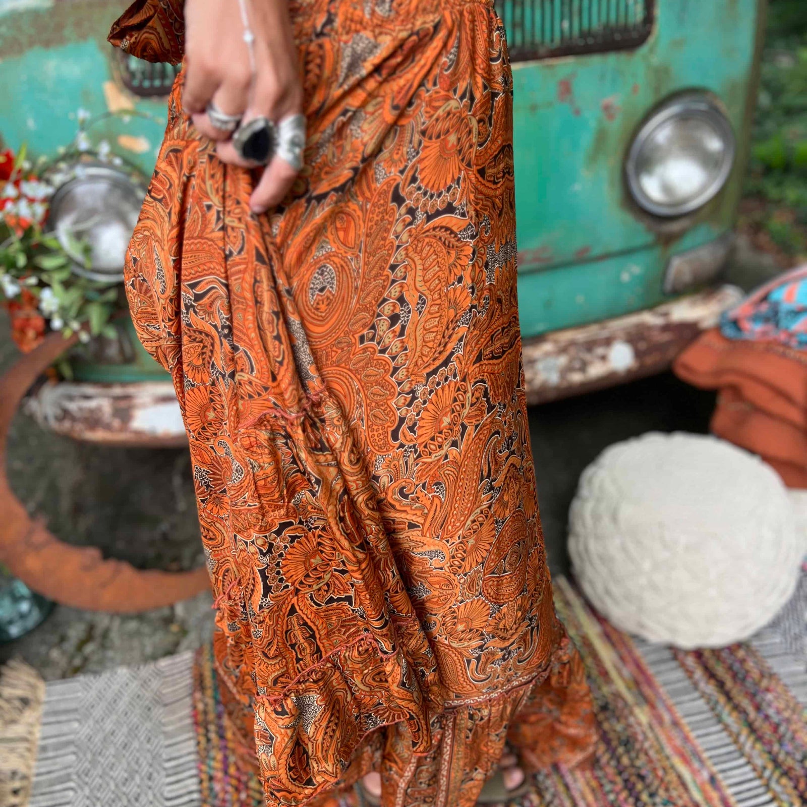 Flowy silk bohemian maxi dress with double tiered design