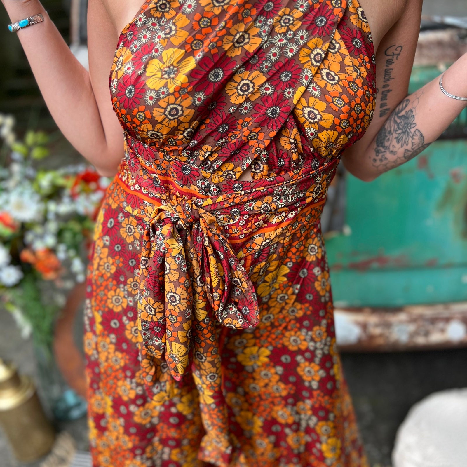 Adjustable tie-dye style jumpsuit with back view
