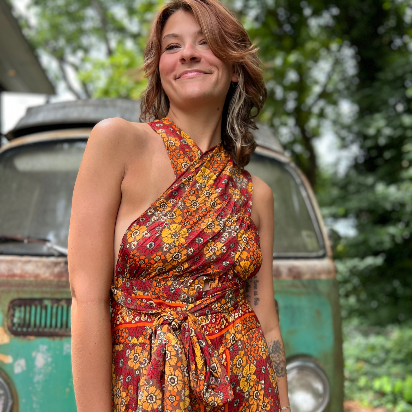 Silk and viscose rainbow jumpsuit with dramatic wide legs