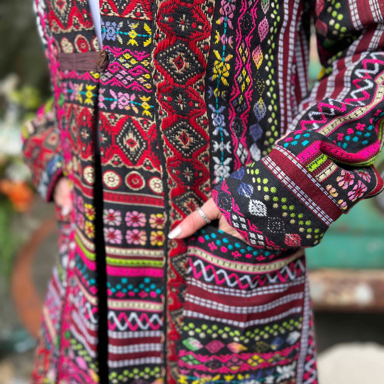 Handmade cotton hippie boho trench coat styled on model outdoors