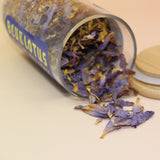Close-up of whole Blue Lotus petals and stamens used for caffeine-free herbal tea.