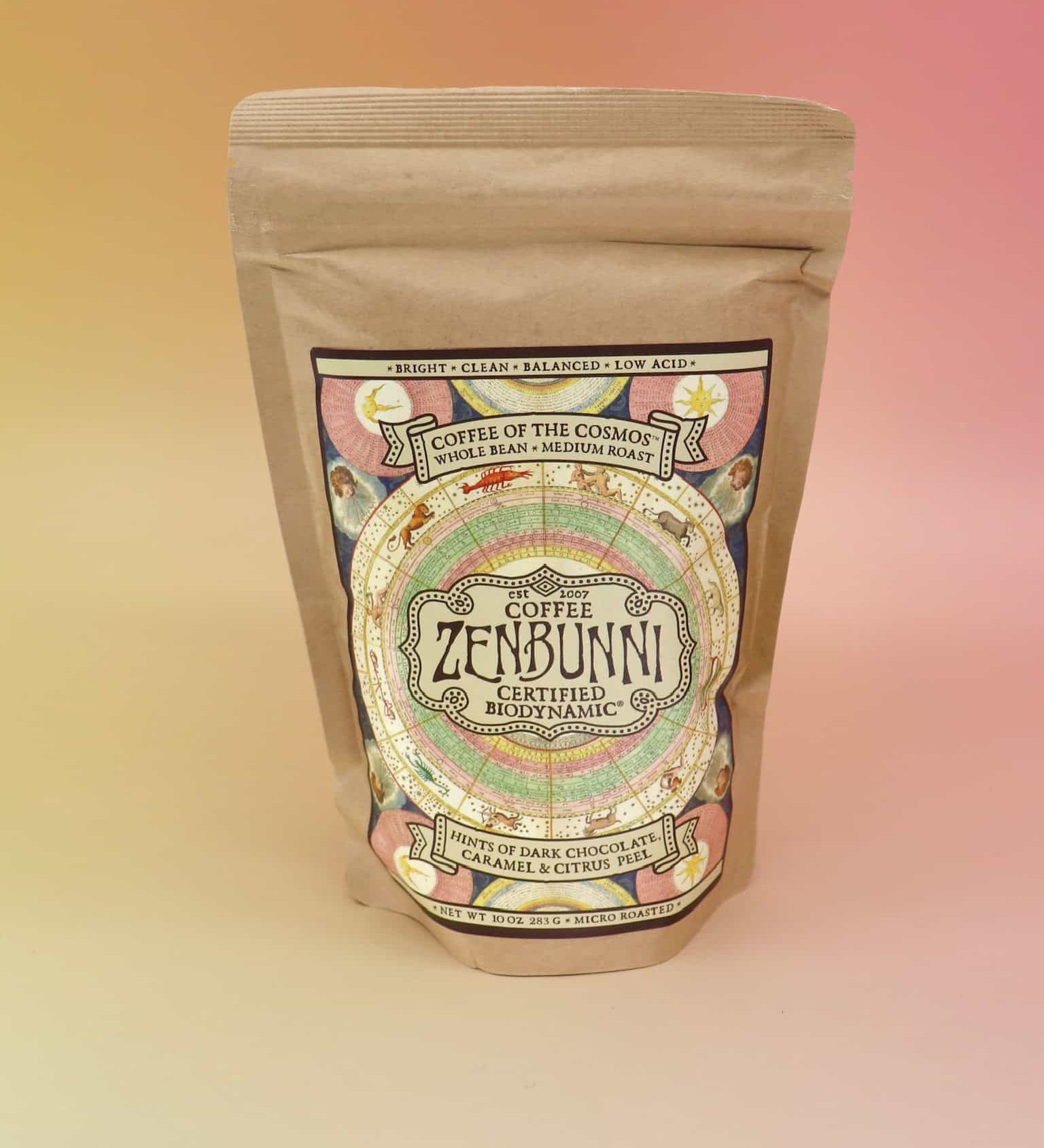 Front view of ZenBunni Biodynamic Coffee bag against a dreamy gradient background