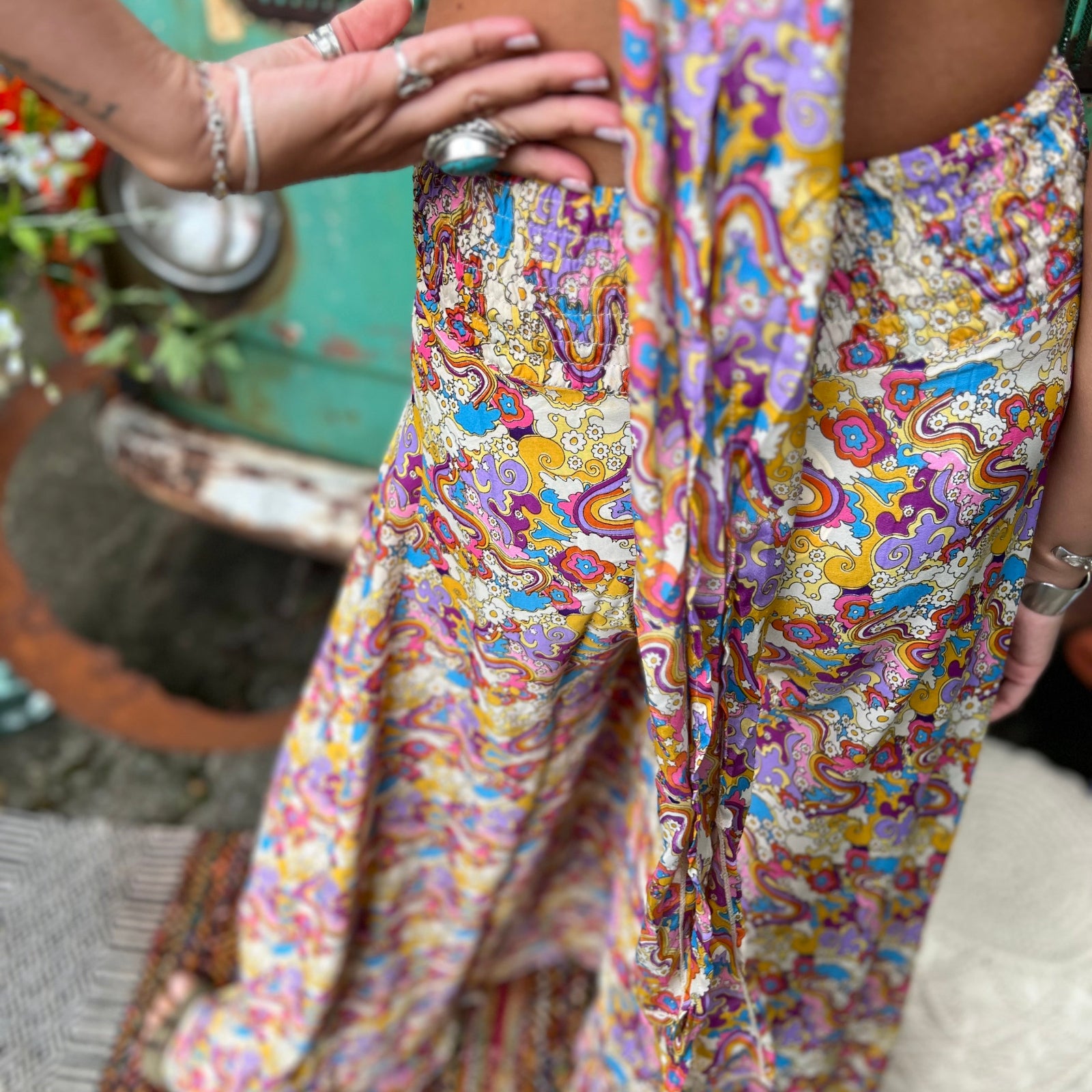 Rainbow bohemian jumpsuit styled for beachwear