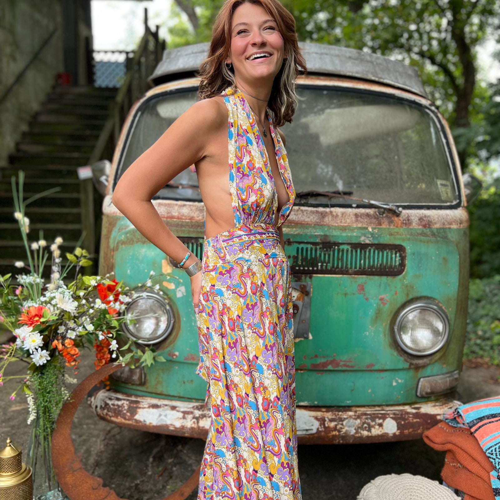 Adjustable rainbow jumpsuit styled with long back ties