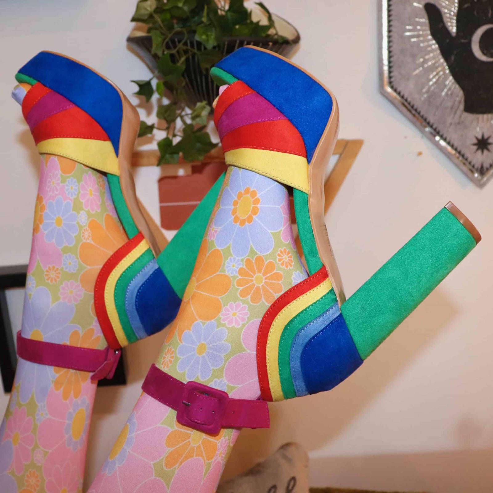 Rainbow suede platform heels perfect for Pride events and festivals.