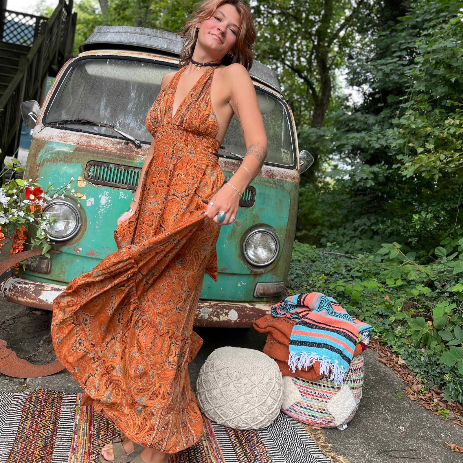 Outdoor shot of bohemian silk maxi dress with flowy tiers