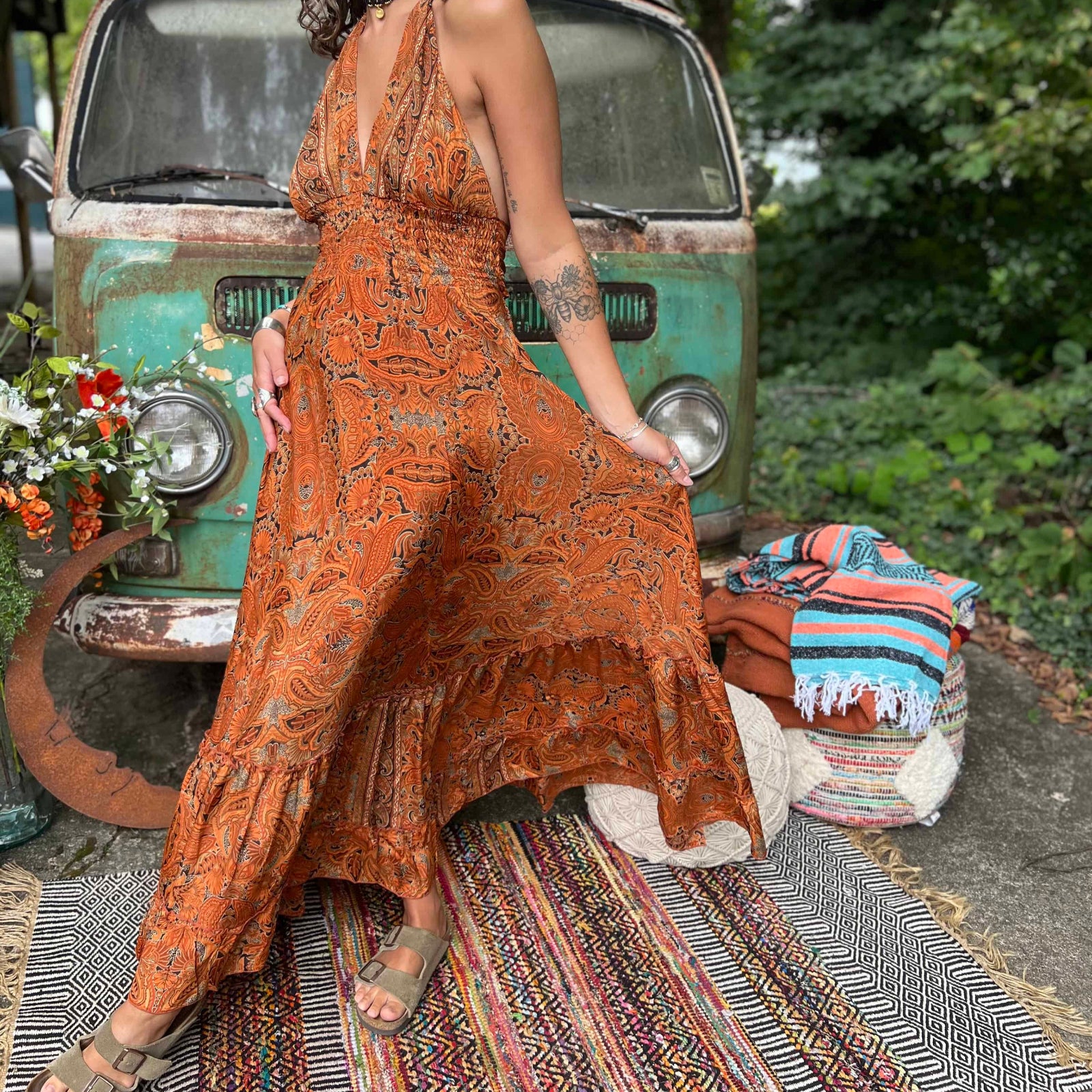 Close-up of lightweight silk fabric on boho maxi dress