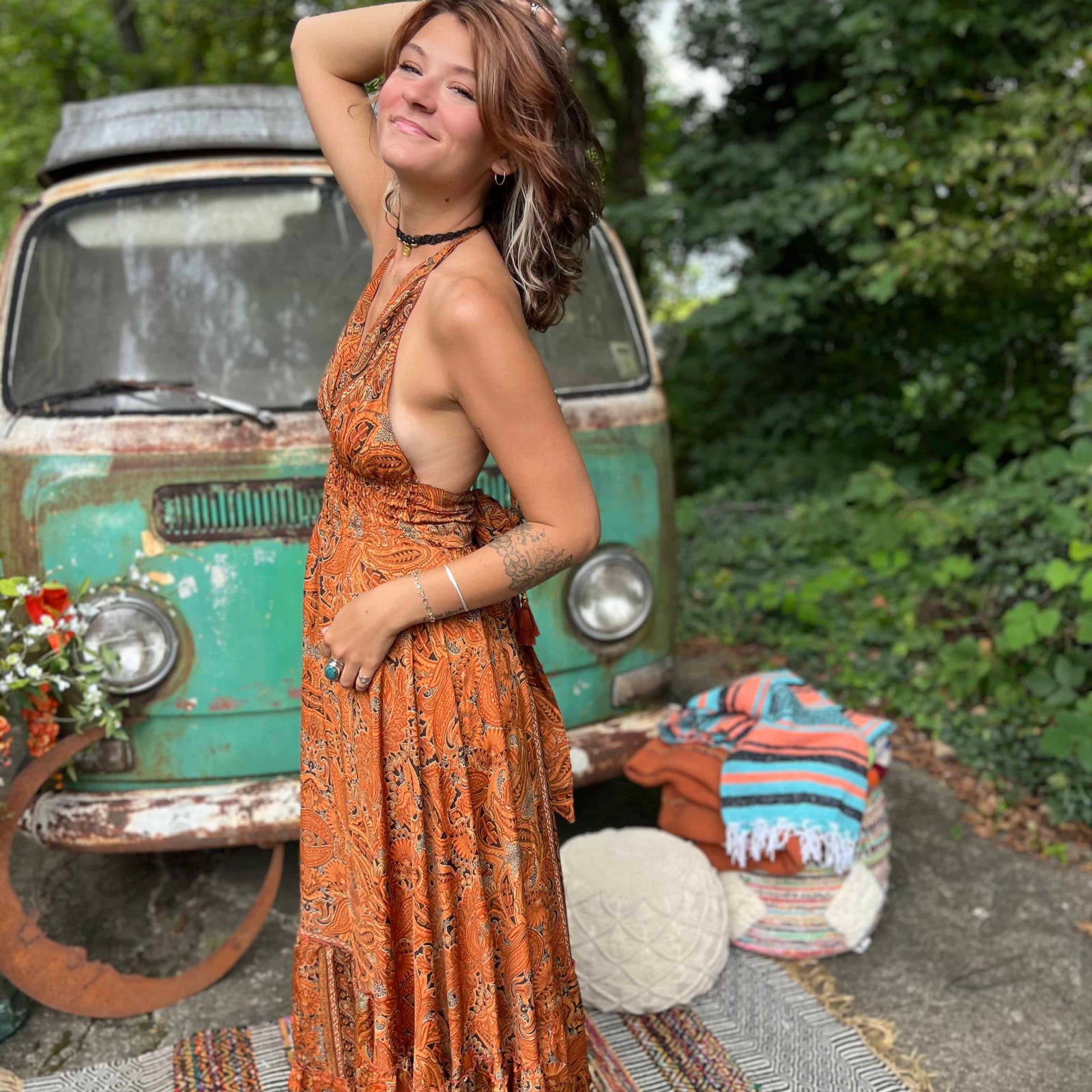 Full-length boho silk maxi dress for festivals and summer wear